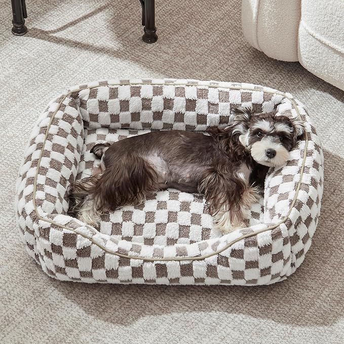 JOEJOY Dog Bed for Medium Small Dogs - Rectangle Orthopedic Dog Sofa Bed, Cute Modern Puppy Bed with Jacquard Shaggy Plush & Anti Slip Bottom, 25x21x8inches, Cofffee
