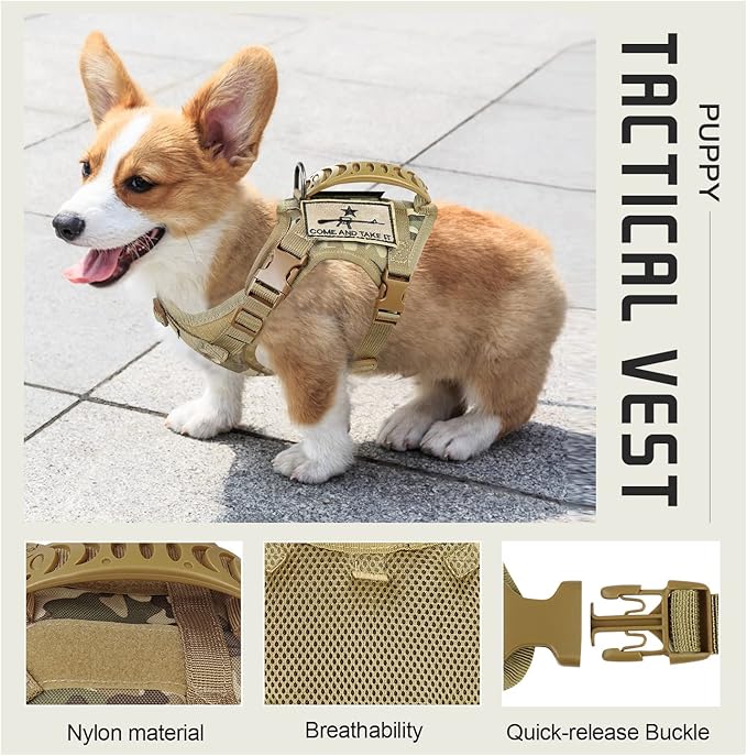 Tactical Dog Training Harness Outdoor Working Vest Adjustable Military MOLLE Dog Vest Harness with Rubber Handle (X-Small (Pack of 1), Beige)
