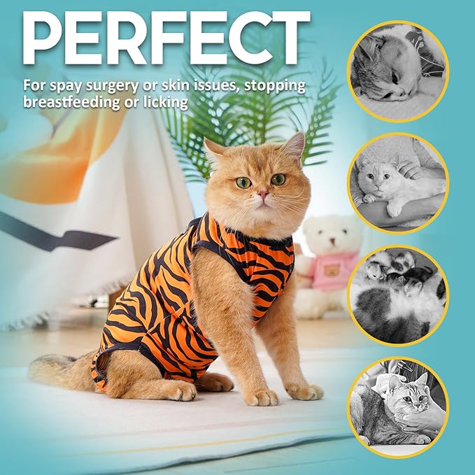Avont Cat Recovery Suit - Kitten Onesie for Cats After Surgery, Cone of Shame Alternative Surgical Spay Suit for Female Cat, Post-Surgery or Skin Diseases Protection -Tiger(S)