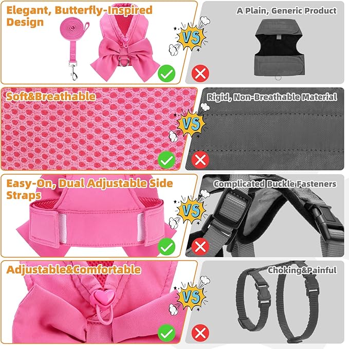 KOOLTAIL Small Dog Harness and Leash Set, Cute Puppy Vest Harnesses with Bowtie for Girl Outfit, Step in No Pull Soft Mesh Padded Adjustable Pet Harness for Extra-Samll Medium Dogs Cats XS-M, Pink S
