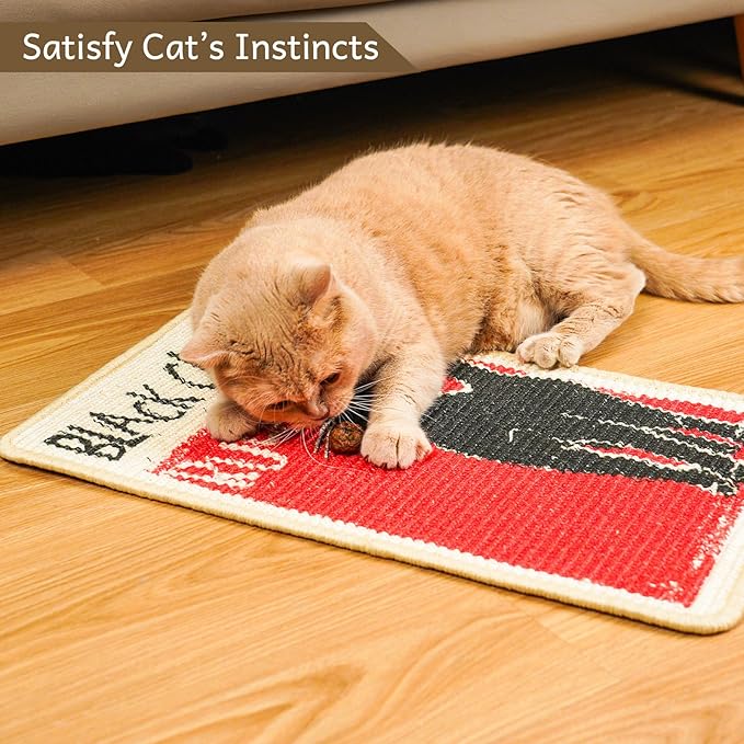 SOLDAY Sisal Cat Scratcher Mat for Floor Wall Carpet Couch Furniture, 22x13 inch Anti Scratch Furniture Protector, Cat Scratching Posts Board with Velcro Tape(Black Cat Rules)