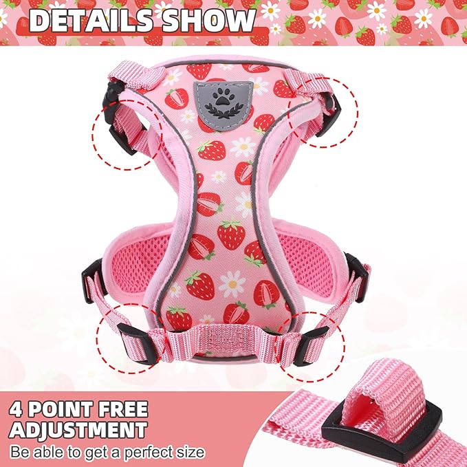 KOOLTAIL Cat Harness and Leash Set, Escape Proof for Safe Walking & Travel, Reflective Comfortable Easy Control Adjustable Kitten Harness for Boys&Girls Small Medium Large Cats Strawberry M