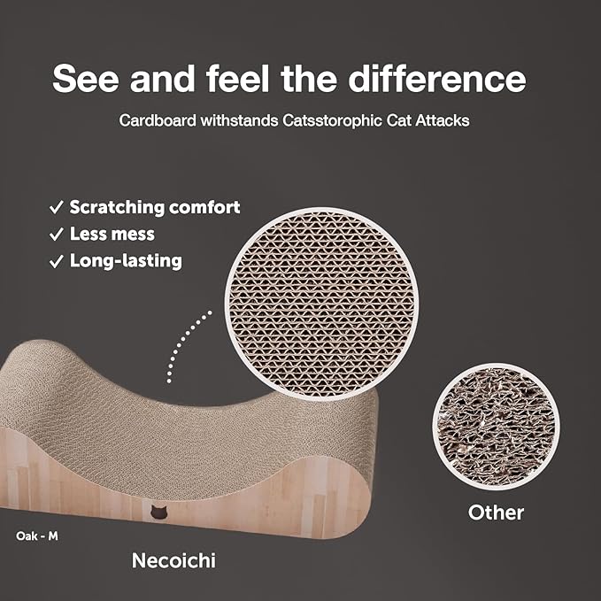 Necoichi Cardboard Cat Scratcher Bed for Indoor Cats - Cat Scratching Board, Horizontal Cat Scratch Pad Lounger with Reversible Usability and Extra Comfort for Lounge, Curved (18" Regular, Oak)