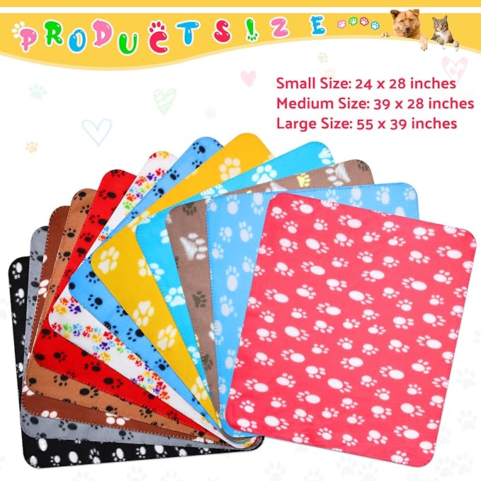 Tegeme 12 Pieces Fleece Blankets for Pets Dog Puppy Paw Print Cat Bedding Cover Blanket for Small Animals Pig Cage Liner Sleep Mat Pad Kitten Soft Warm(Cute Style,28 x 24 Inches)