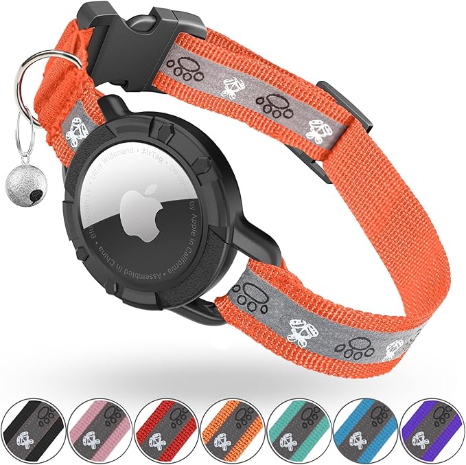 Reflective AirTag Cat Collar, Integrated Cat Tracker Collar with Air Tag Holder and Bell, Safety Elastic Band Cat GPS Collars for Girl Boy Cats, Kittens and Puppies (Orange, S)