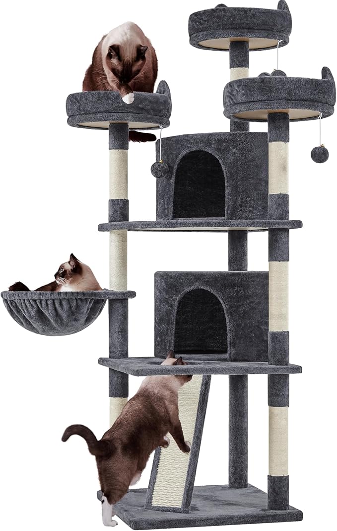 Yaheetech | 68.5in Cat Tree | for Large Cats | Multi-Level Cat Tower with 3 Wide Perches, Large Condo | Stable Pet Play House w/Sisal-Covered Scratching Posts & Board | Dark Gray