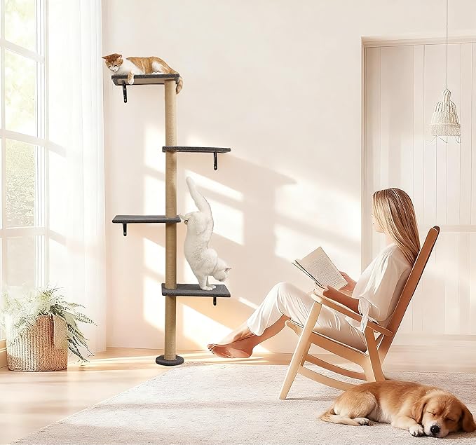 Tall Cat Scratching Posts,4 Tier Corner Cats Tree, Wall Mounted Kitten Tower,Carpeted Climbing Wall for Indoor Kitty Perching,Playing and Lookout (Grey)