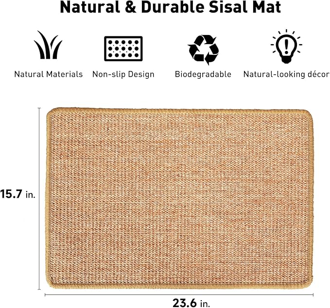FUKUMARU Cat Scratcher Mat, 23.6 X 15.7 Inch Natural Sisal Cat Scratch Mats, Horizontal Cat Floor Scratching Pad Rug with Sticky Tapes, Protect Couch and Carpets