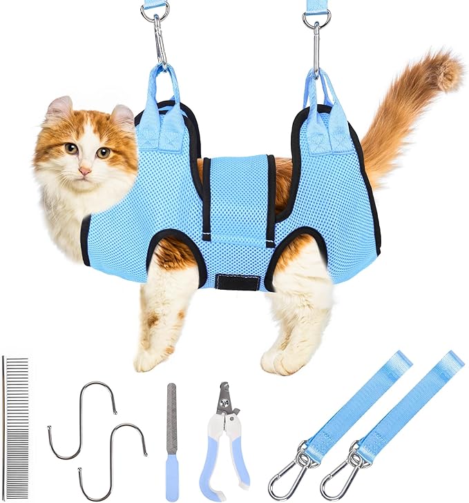 PatiencET Cat Grooming Hammock for Nail Trimming Pet Hammock for Small Dogs with Security Strap Dog Sling for Nail Clipping with Clippers Nail File and Pet Comb (Cerulean XS)