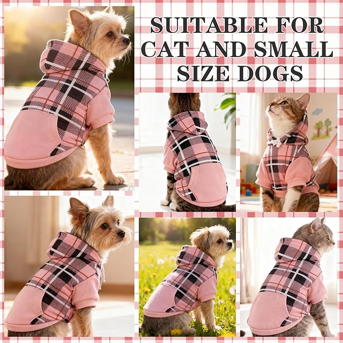 EXPAWLORER Plaid Cat Hoodie - British Style Warm Cat Sweater Shirt with Leash Hole,Pet Clothes Outfits,Winter Coat Apparel for Puppy Cats Girl Boy-Kitten Apparel,Pink XL