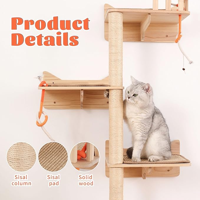 Wall Mounted Cat Tree - 7 PCS Cat Wall Shelves & Perches with Tall Sisal Scratching Posts, Wall Mount Cat Climbing Tree & Space-Saving Furniture for Indoor Cats to Climb, Scratch & Lounge