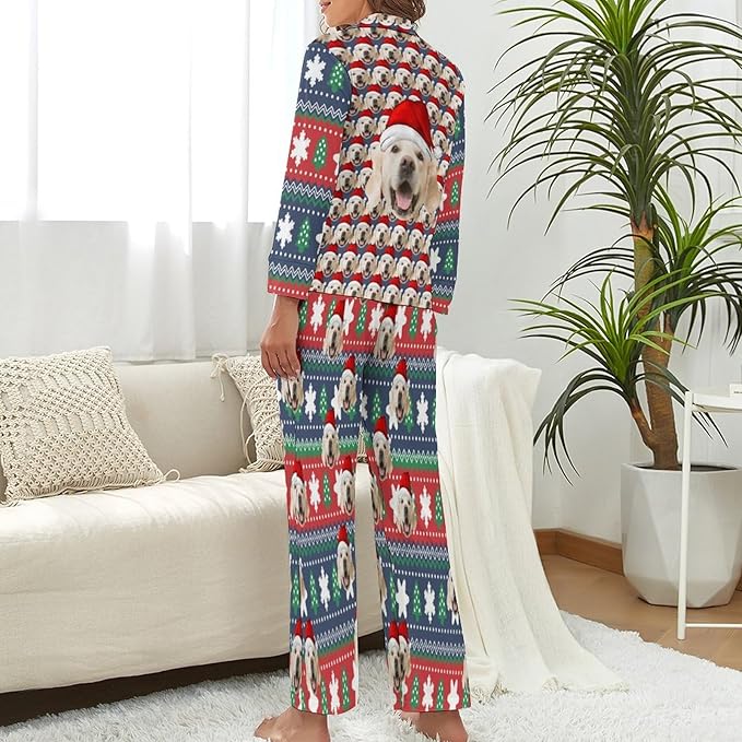 Custom Face Pajamas for Women Men,Personalized Dog Cat Pet Pajamas Set,Christmas Long Sleeve Sleepwear Pjs