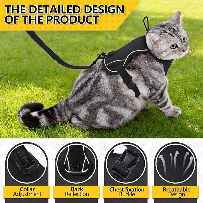 Cat Harness and Leash Set - Escape Proof, Adjustable Breathable Vest Harnesses with Reflective Strips, Easy Control & Secure Walking for Small Medium Large Cats Kitten Collar (Black, Small)