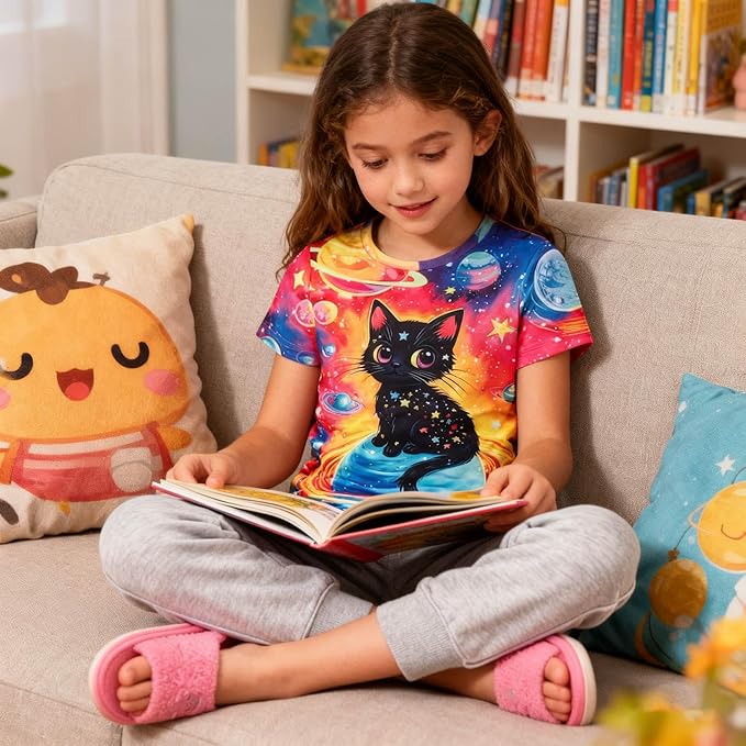 Funnycokid Girls Shirts Cat T Shirt Size 5-12 Clothes for Kids