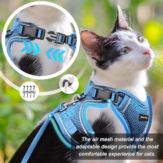 Cat Harness and Leash Set for Walking Escape Proof, Improved Four Place Adjustable Cat Car Harness, Soft Kittens Vest with Reflective Strip for Cats, Comfortable Outdoor Vest, Blue, XS