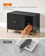 Feandrea Cat Litter Box Enclosure, Hidden Litter Box Furniture with Scratch Pad, Front Entry, Double Cabinet Doors, Modern Style, 31.5" Cat House Washroom Side End Table, Black and Gold