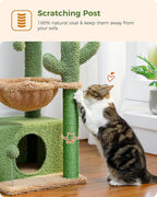 PEQULTI 4-in-1 Cactus Cat Tree, 33'' Cat Tower for Indoor Cats with Large Condo, Cat Scratching Post for Cats with Deep Hammock& Cozy Top Perch,Green