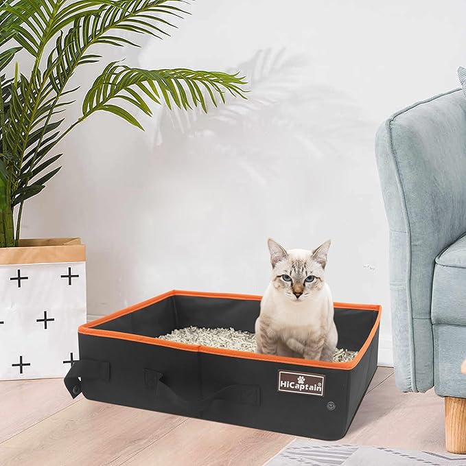 HiCaptain Portable Cat Travel Litter Box, Foldable Litter Box for Travel in Car, Collapsible Toliet Tray Carrier for Small and Medium Cats - Black
