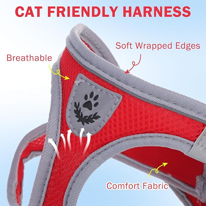 SCENEREAL Cat Harness and Leash Set Escape Proof, Adjustable Soft Air Mesh Kitten Harnesses for Girls Boys Small Medium Big Cats, Reflective Light Travel Pet Walking Vest for Puppy Rabbit, Red L