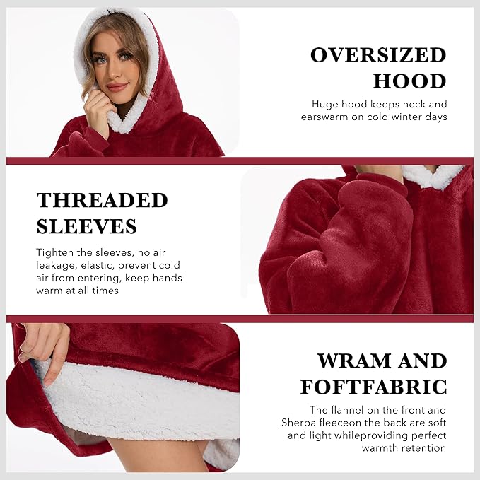 Wearable Blanket Hoodie with Giant Pocket, Soft Warm Sherpa Fleece Oversized Blanket Sweatshirt Gifts for Women Men