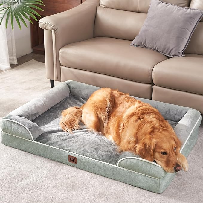 EHEYCIGA Orthopedic XL Dog Beds, Waterproof Memory Foam Dog Bed for Extra Large Dogs, Non-Slip Bottom and Egg-Crate Foam Big Pet Couch Bed with Washable Removable Cover, Greyish Green