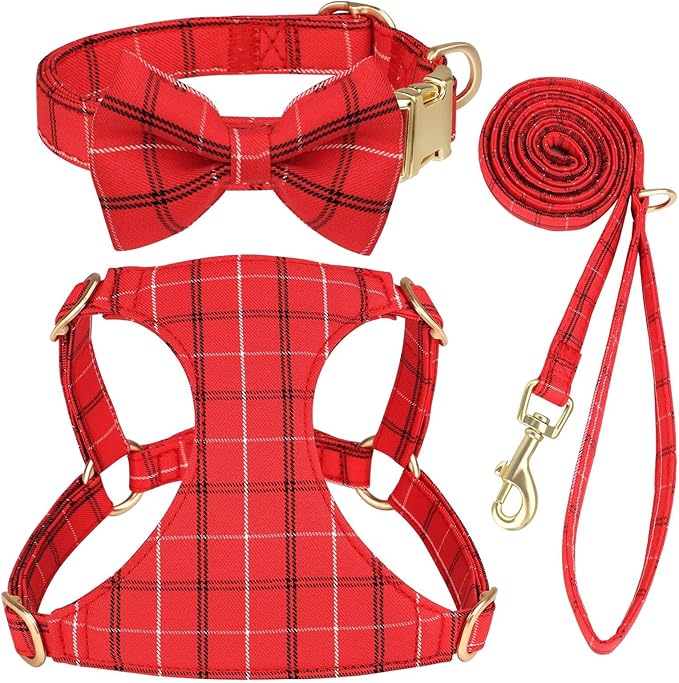 Beirui Cute Small Dog Harness Collar and Leash Set with Bowtie, Soft Adjustable Plaid Puppy Harness for Small Sized Dogs Cats Walks Parties and Photoshoots(Red,S:Chest 17-23")