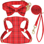 Beirui Cute Small Dog Harness Collar and Leash Set with Bowtie, Soft Adjustable Plaid Puppy Harness for Small Sized Dogs Cats Walks Parties and Photoshoots(Red,S:Chest 17-23")