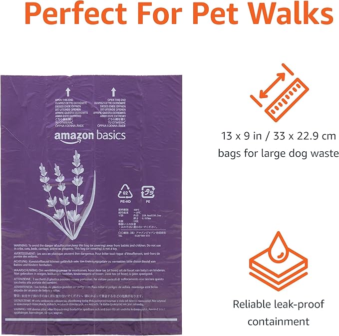 Amazon Basics Premium Lavender Scented Standard Dog Waste Bags, 900 bags,15 Count (Pack of 60)