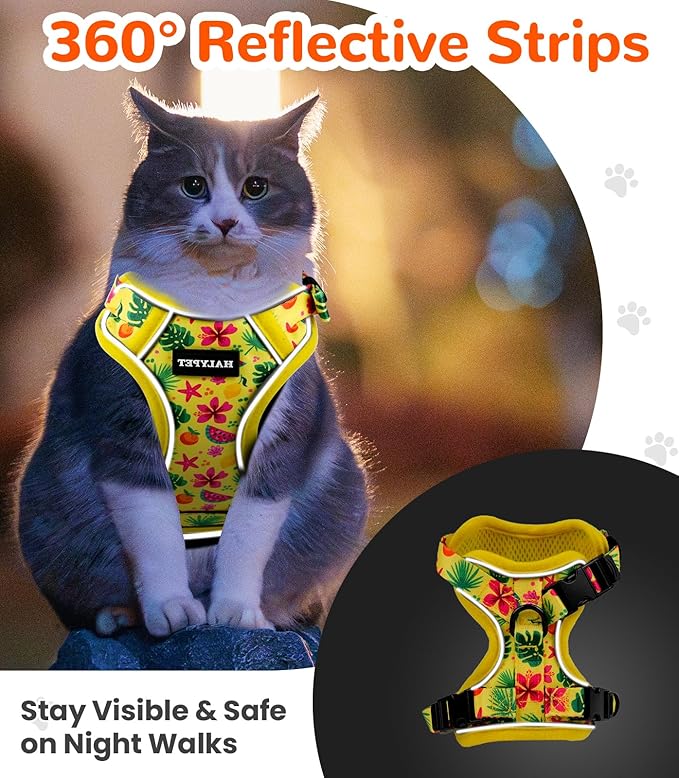 Halypet Cat Harness and Leash Set for Walking, Escape Proof Adjustable Vest Harness with 3-in-1 Integrated Buckles, Easy Control Soft Breathable Mesh with Reflective Strips for Cats, M, Bright Yellow