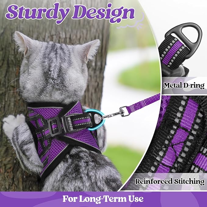 rabbitgoo Cat Harness and Leash Set for Walking Escape Proof, Adjustable Soft Kittens Vest with Reflective Strip for Cats, Comfortable Outdoor Vest, Purple, XL