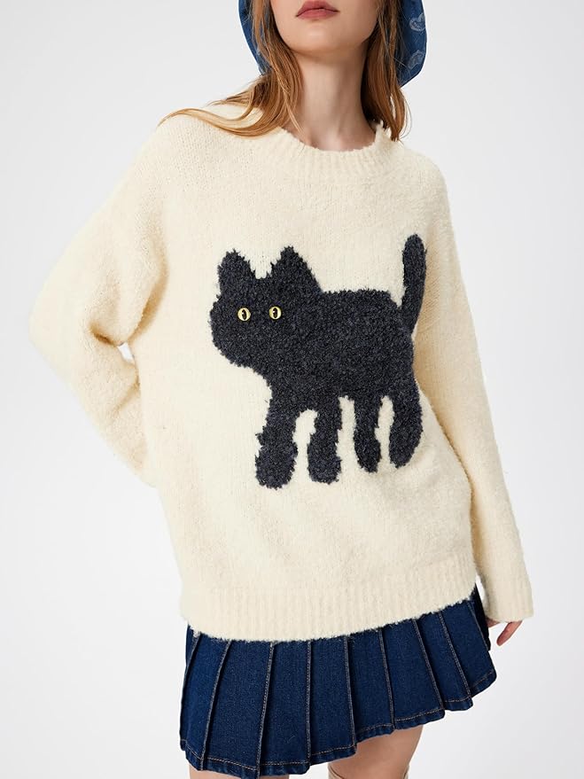CIDER Women’s Cat Sweater Long Sleeve Crew Neck Fun Graphic Cute Patterned Chunky Pullover Sweater Tops