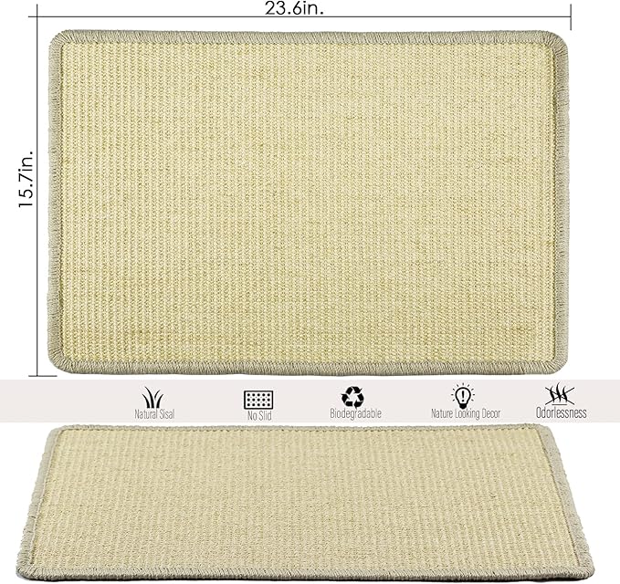 Cat Scratcher Mat, 23.6x15.7' Natural Sisal Scratching Pad with Velcro Tape, Stick on Floor and Wall Cat Scratch Mat Protects Carpet and Sofa