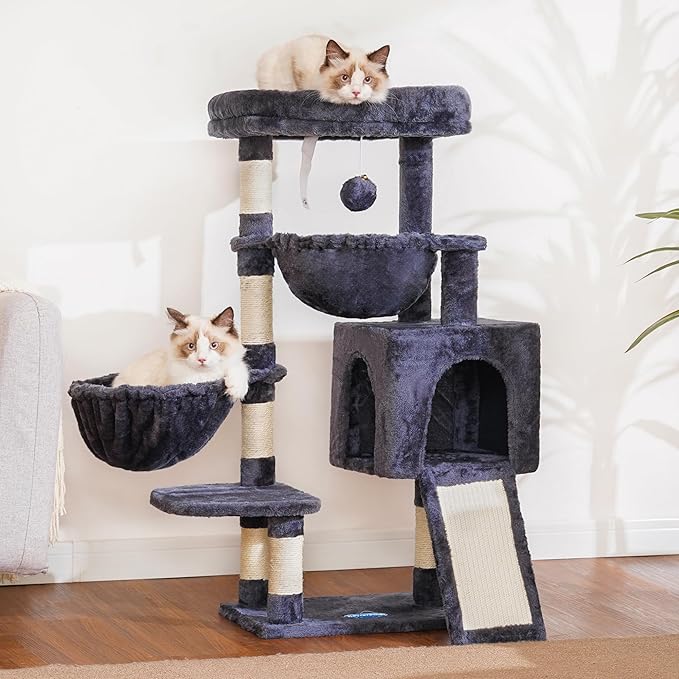 Hey-brother Cat Tree, Cat Tower for Indoor Cats, Cat House with Large Padded Bed, Cozy Condo, Hammocks, Sisal Scratching Posts, Big Scratcher, Smoky Gray MPJ006SG