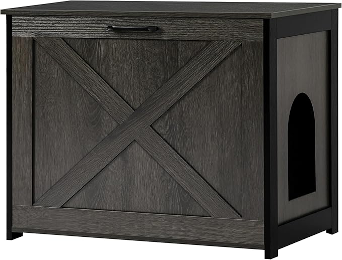 Dwanton Cat Litter Box Furniture Hidden, Cat Litter Box Enclosure, Reversible Entrance Can Be on Left or Right Side, Indoor Cabinet, Wooden Washroom, End Table, Nightstand, Dark Gray, 27.6" L