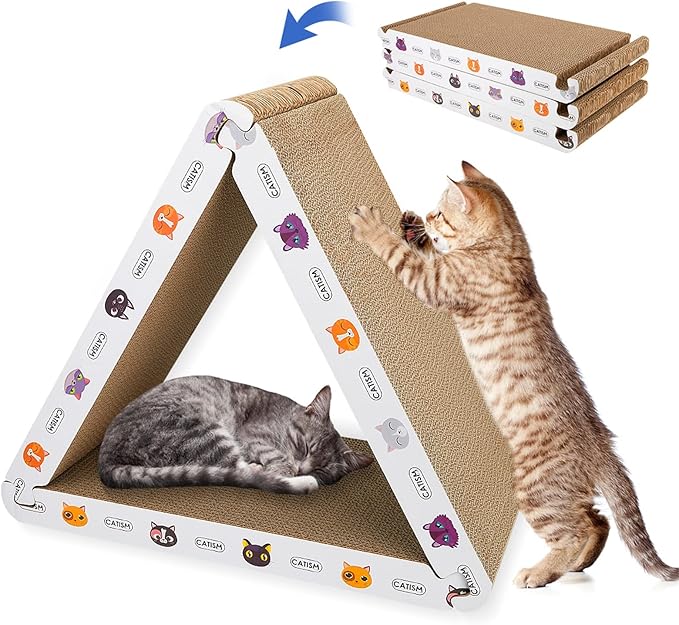 CATISM Cat Scratcher Cat Scratching Board - Foldable - Triangle, 6 Usable Sides Scratchers for Indoor Cats, Durable Recyclable Cats Cardboard Vertical(Pack of 3)