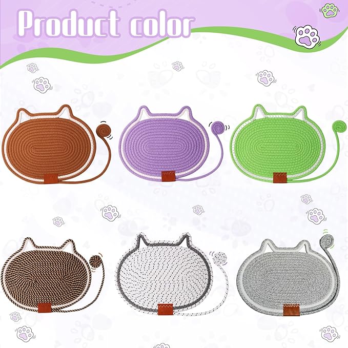 2 PC Cat Scratcher Mat - Natural Cotton Rope Oval Horizontal Scratch Pad (11''x13.7'') with Dangling Ball Toy, Cat Ear Design, Furniture Protector for Floor/Wall, Durable Handmade (Green, 2 PC)