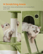 Feandrea Cat Tree, 81.1-Inch Large Cat Tower, Multi-Level Plush Condo with 13 Scratching Posts, 2 Perches, 2 Caves, Basket, Hammock, Pompoms, Green UPCT190C01