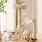 HITTITE Solid Wood Cat Tree Tower with Scratching Post, 37.8 Inches Tall Cat Towers with Scratching Board and Scratcher Ball, Modern Cat Tower With Space Capsule and Removable Top Bed for Indoor Cats.