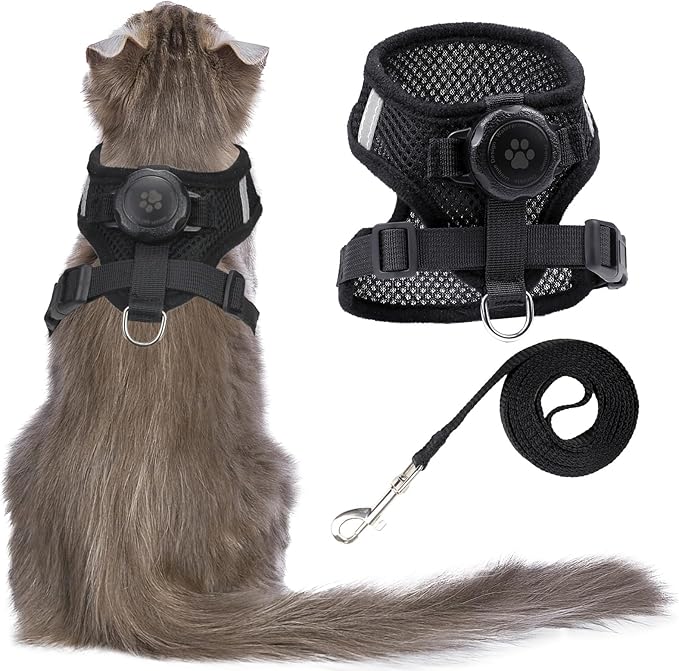 AirTag Cat Harness and Leash for Walking, Integrated Cat Vest with 100% Waterproof Air Tag Holder, Escape Proof Reflective Adjustable Vest Harnesses with Apple Air Tag Case for Cats, Kittens, Puppies