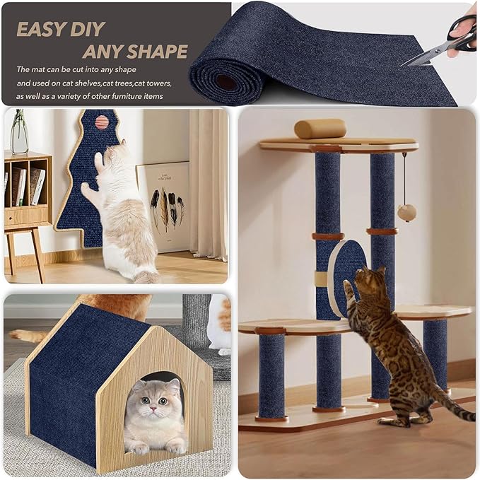 78.7"X15.8" Cat Scratching Mat, Self-Adhesive Cats Carpet, DIY Scratch Furniture Protector for Couch, Sofa, Wall & Doors, Durable Cat Scratch Guards Couch Cats Scratcher from Claws (Dark Blue)