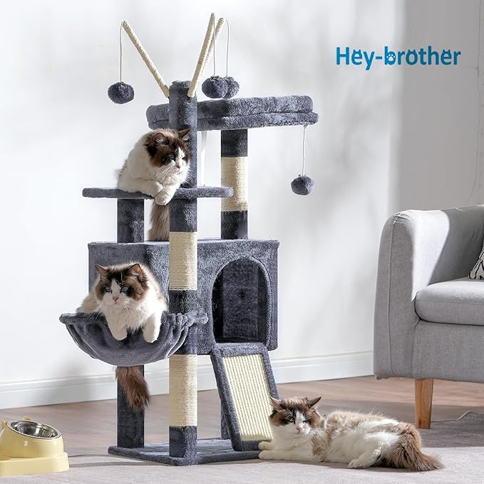 Hey-brother Cat Tree Tower, Scratching Posts with Removable Toys, Cozy Condo, Platform, Hammock, Sisal Scratch Board and Ball for Indoor Kittens, 41.3 Inches, Smoky Gray MPJ008SG