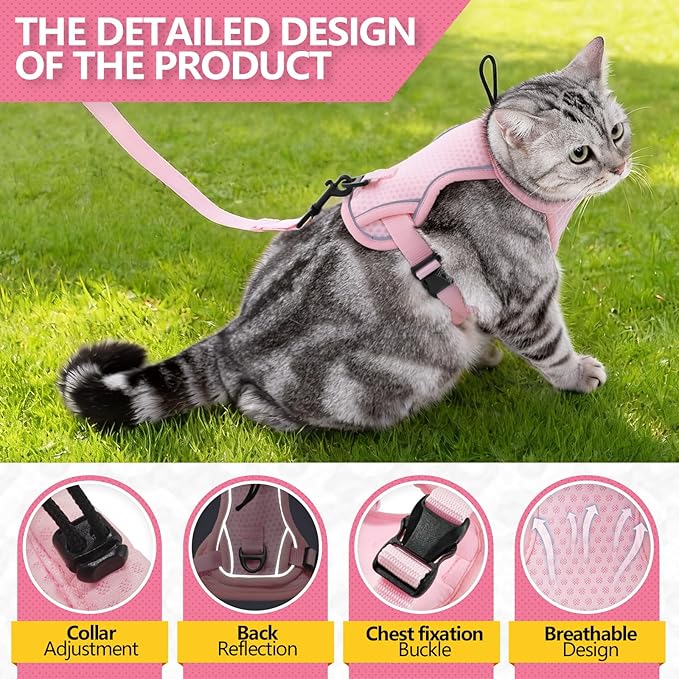 Cat Harness and Leash Set - Escape Proof, Adjustable Breathable Vest Harnesses with Reflective Strips, Easy Control & Secure Walking for Small Medium Large Cats Kitten Collar (Pink, Medium)