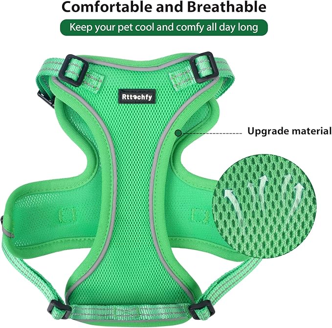 Rttochfy Cat Harness and Leash Set, Adjustable and Reflective Cat Vest, Escape Proof Kitten Harness, Easy to Put on with 3 Buckles for Cats Walking and Traveling (Green, M)