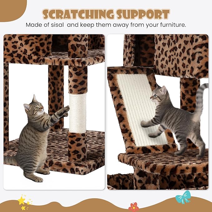 SHA CERLIN 81in Multi-Level Tall Cat Tree Tower for Indoor Kitties/Larger Cat Condo Furniture with Hammock/Cozy Pussycat Perches/Sisal Scratching Posts/Pet House/Wide Base/Leopard Print