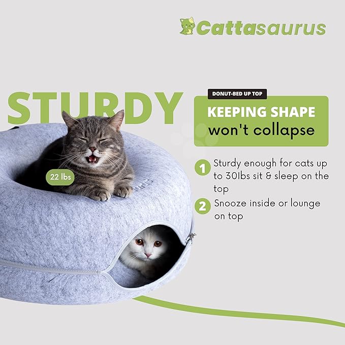 Cattasaurus Peekaboo Cat Cave Donut for Multiple & Large Cats up to 30-45 lbs, 3-in-1 Self Warming Cat Bed, Tunnel & Scratcher for Indoor Cats, Washable & Detachable Small Dog Bed (Light Gray, Large)