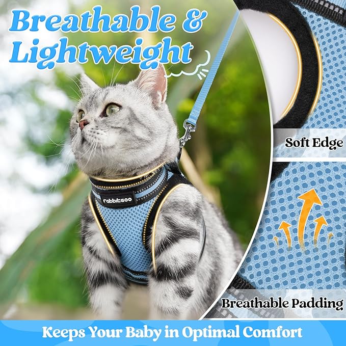 rabbitgoo Cat Harness and Leash Set for Walking Escape Proof, Adjustable Soft Kittens Vest with Reflective Strip for Cats, Comfortable Outdoor Vest, Light Blue, XL