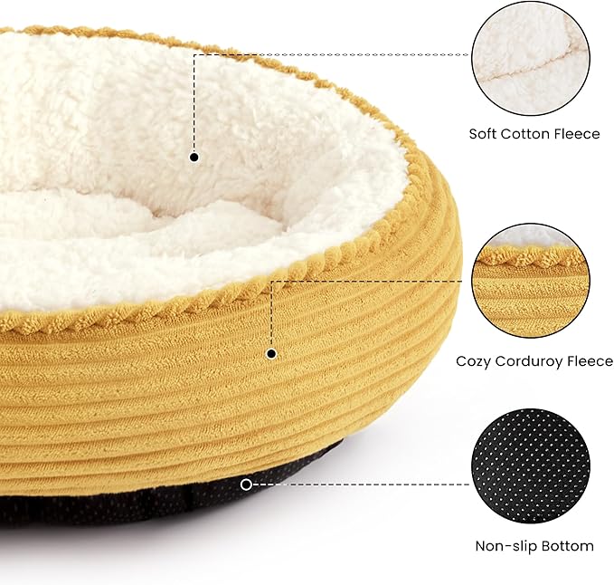 Love's cabin Round Donut Cat and Dog Cushion Bed, 20in Pet Bed for Cats or Small Dogs, Anti-Slip & Water-Resistant Bottom, Super Soft Durable Fabric Pet beds, Washable Luxury Bed Yellow Stripe