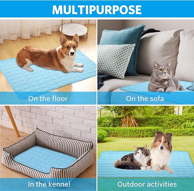 Mannice Dog Cooling Mat, Pet Cooling Mat for Dogs Cooling Blanket for Dogs Dog Cooling Pad for Kennels, Crates, Cars, Indoor & Outdoor Ice Silk Cooling Mat for Extra Large Dogs (Blue, L(28 * 22"))