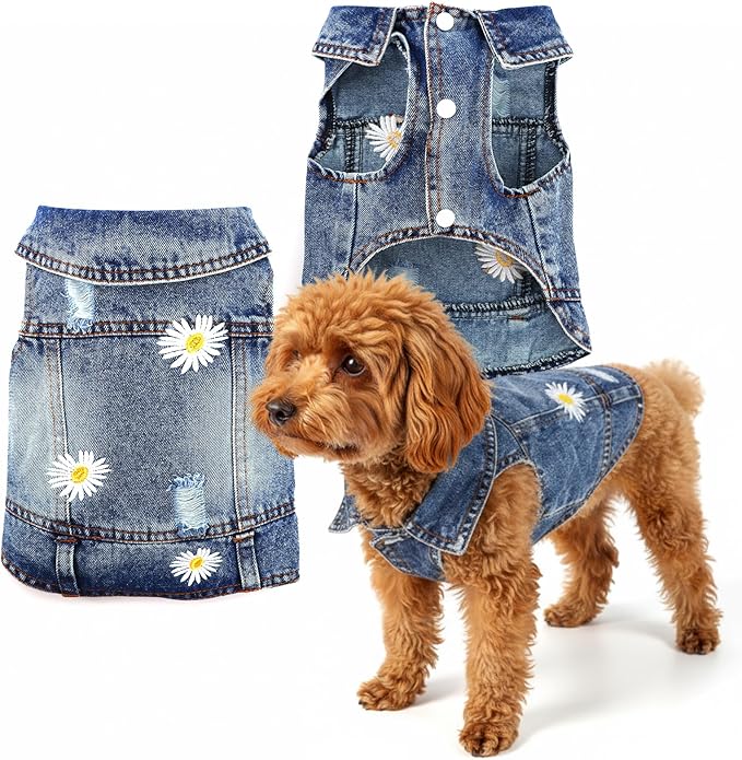 Dog Denim Jacket with Embroidered Daisy, Ripped Vintage Jean Vest for Small Dogs, Pugs, Chihuahuas, Spring Summer Autumn Festival Outfit (XXL)