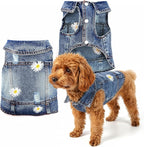 Dog Denim Jacket with Embroidered Daisy, Ripped Vintage Jean Vest for Small Dogs, Pugs, Chihuahuas, Spring Summer Autumn Festival Outfit (L)